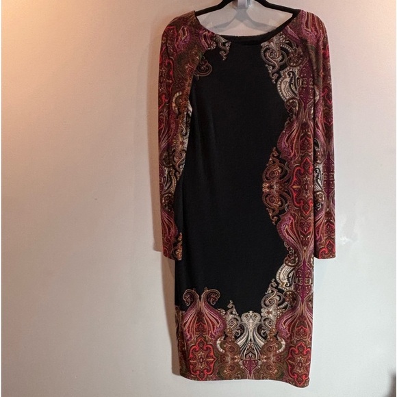 JOSEPH RIBKOFF Sz 16  Paisley Crew Neck Stretchy Lined Long Sleeve Midi Dress - Picture 2 of 10